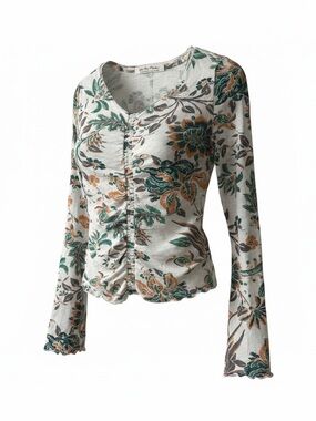 We The Free White Floral Button-Up Top with Green & Orange Print